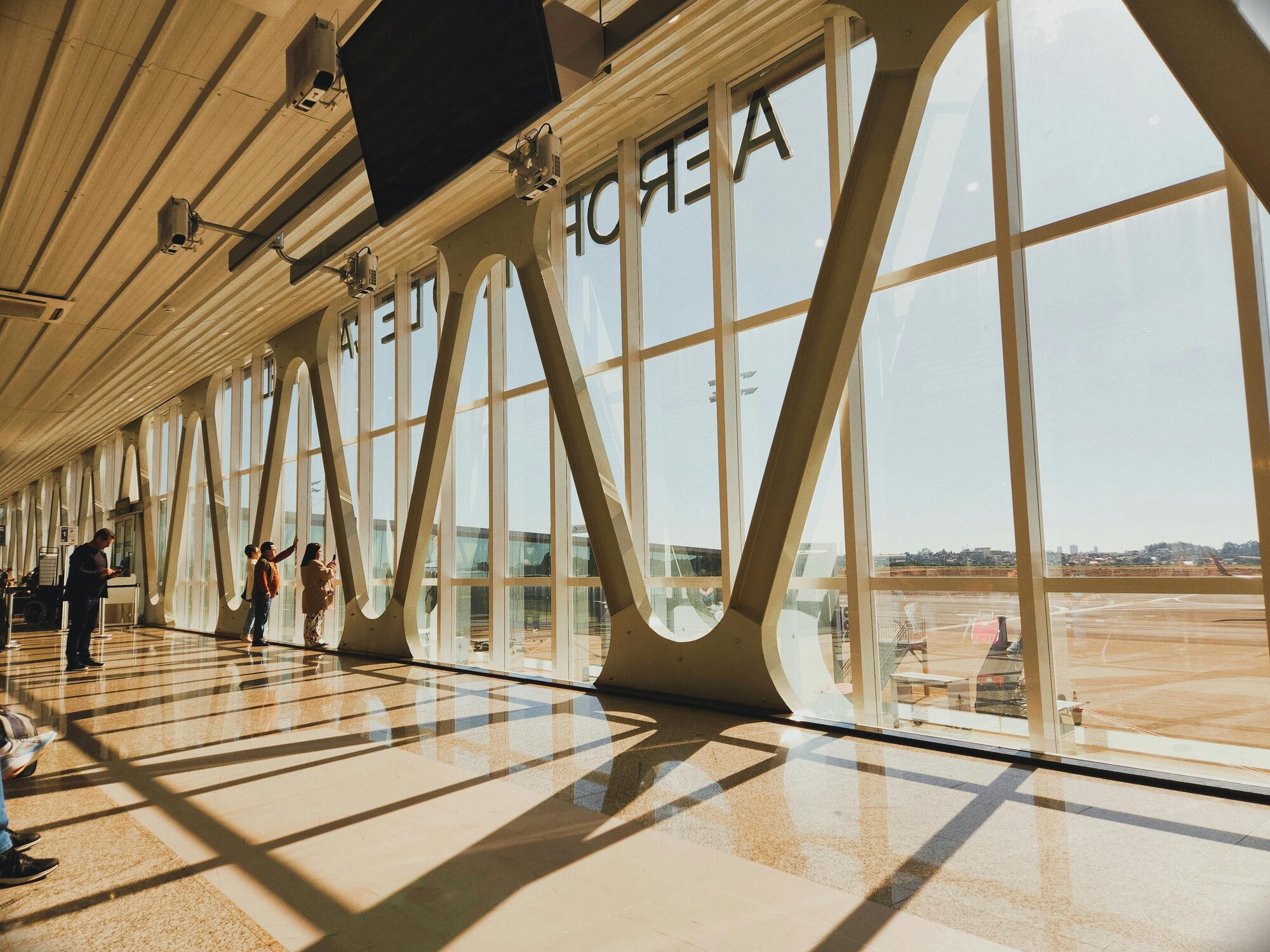 Modern airport terminal curved glass roof
